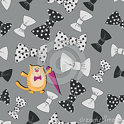 Cat with an umbrella and bow tie. Vector Illustration