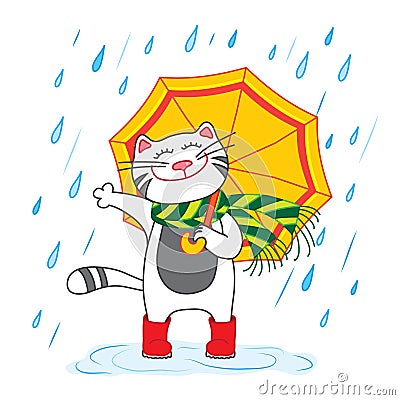 Cat with umbrella under the rain Vector Illustration