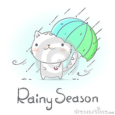Cat under umbrella and raining in rainy season. Hand draw doodle style create by vector. Vector Illustration