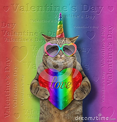 Cat unicorn holding a rainbow heart Stock Photo