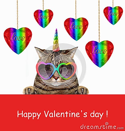 Cat unicorn near shiny hanging hearts 2 Stock Photo