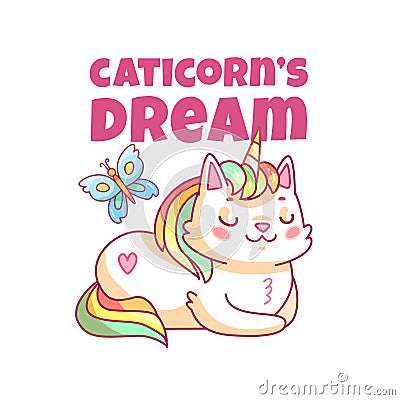 Cat unicorn poster. Cute cartoon caticorn, funny magic kitty pet. Kids girl clothes print vector Vector Illustration