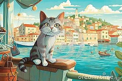 Cat Vacation Chronicles: Follow the travel adventures of a curious cat who explores coastal towns, capturing the essence of summer Cartoon Illustration