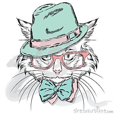 Cat vector. Cartoon cat. Cute cat in the clothes. Hip-hop. Cat in a cap and glasses. Hipster. Postcard with the cat. Vector Illustration