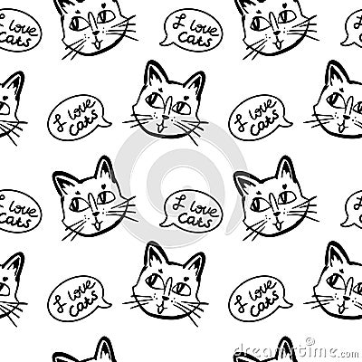 Cat vector seamless in black and white colors.Wallpaper background with cartoon kitty muzzles with bubble speach Vector Illustration