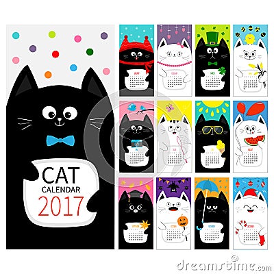 Cat vertical monthly calendar 2017 cover. All month. Cute cartoon character set. Happy Valentines St Patrick day Christmas Easter Vector Illustration