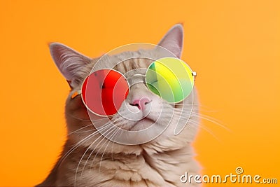 cute fashion sunglasses funny colourful pet neon animal cat portrait. Generative AI. Stock Photo