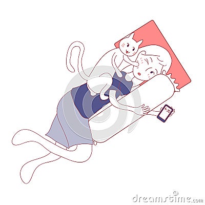 Cat Waking Girl Up in Early Morning. isolated on White Background. Vector illustration. Vector Illustration