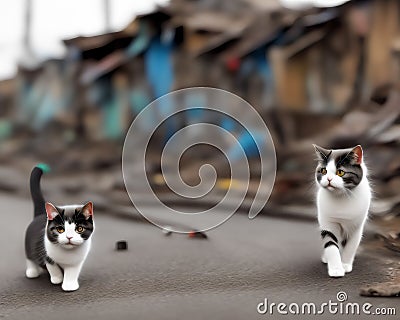 White cat walking in slum with broken house and electric pole -Generative AI Stock Photo