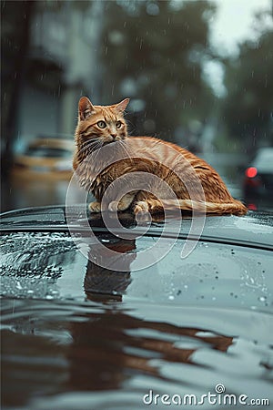Cat wallowing on car and rains drops on at rainy season Stock Photo