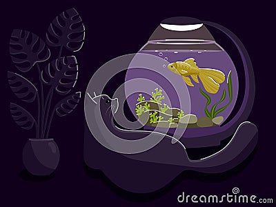 A cat watches a fish in an aquarium. Vector Illustration