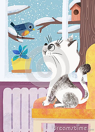 Cat watching a bird outside in a winter day, illustration. Cartoon Illustration