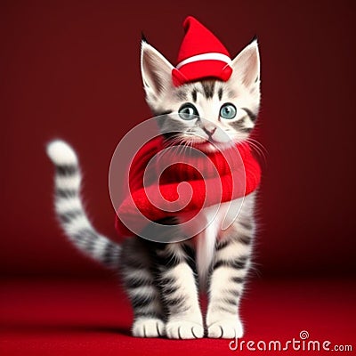 A cat wearing a balaclava and hat stands on a red background, generated illustration with AI Cartoon Illustration