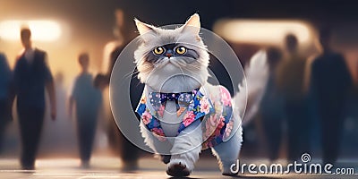 A cat wearing a colorful shirt and a bow tie. Generative AI image. Stock Photo