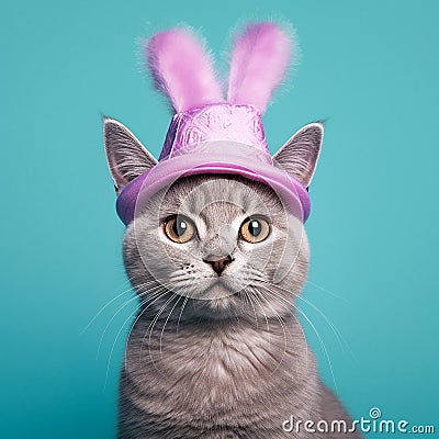 Cat wearing a funny, purple hat, closeup. Stock Photo