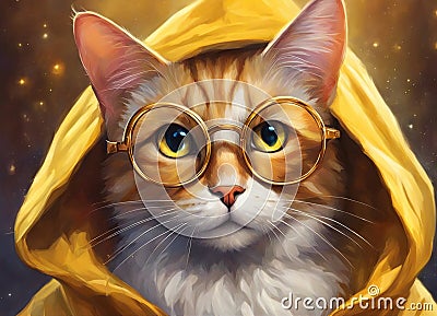 Cat wearing glasses. Cat in a yellow hoodie. Round glasses. Ginger cat close up. Fantastic background. AI generated Stock Photo