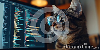 Cat wearing glasses coding at computer, focused and humorous expression Stock Photo