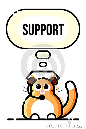 Cat wearing headphones and microphone. Support service team. Text box. Flat line style. Vector illustration. Icon concept Cartoon Illustration