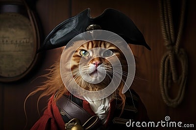 Cat wearing pirate clothes, portrait of funny serious pet in vintage outfit, generative AI Stock Photo