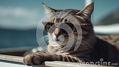 Cat wearing sunglasses relaxing sitting on deckchair in the sea background. generative AI Stock Photo