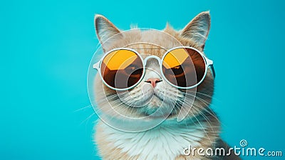 Groovy Orange Cat With Sunglasses On Blue Background Stock Photo