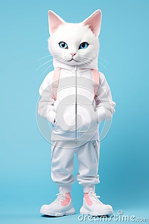 cat wearing white hoodie sweatshirt modern fashion clothed . AI generative Stock Photo