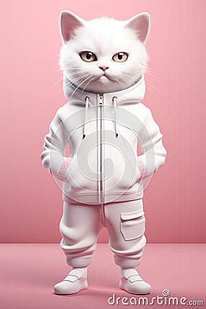 cat wearing white hoodie sweatshirt modern fashion clothed . AI generative Stock Photo