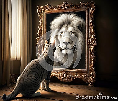 cat what sees herself in the mirror as a grown up lion with a mane, believe that anything is possible Stock Photo
