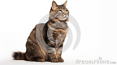 A cat on white background, they commonly referred to as the domestic cat or house cat Stock Photo