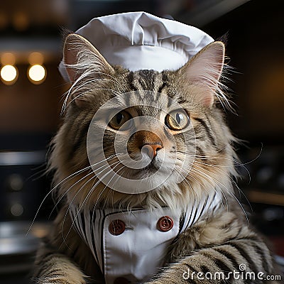 Cat in a white chef's hat. Animal chef. Nice picture on the topic of cooking Stock Photo