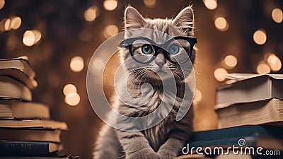 cat in the window A comical kitten with oversized glasses, sitting atop a pile of classic novels, pretending to read Stock Photo