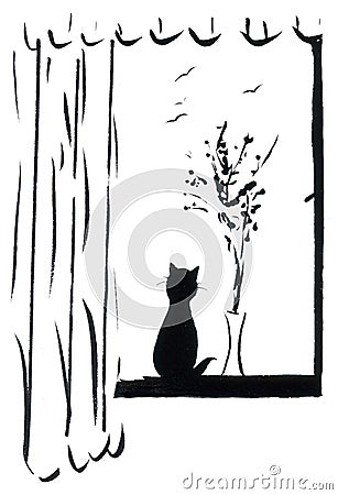 Cat on Windowsill Cartoon Illustration