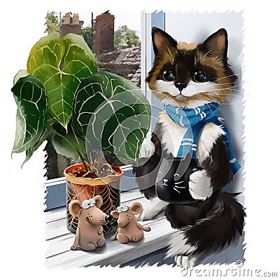 A cat on a windowsill, a flower in a pot, and mouse figurines Stock Photo