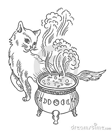 Cat witch and cauldron with witchcraft. Halloween. Hand drawn sketch vector. Mystic and occult illustration. Vector Illustration