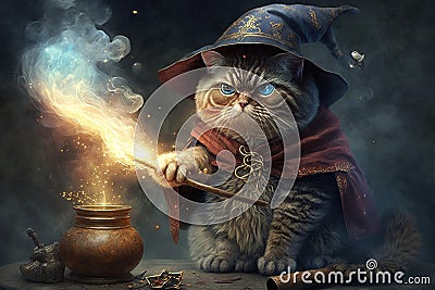 cat wizard casting spell illustration generative ai Cartoon Illustration