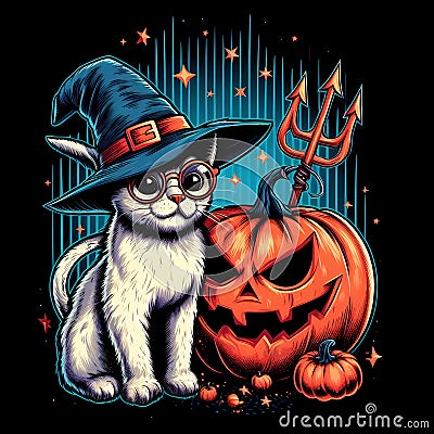 Cat Wizard and Pumpkin Devil Graphic Illustration Stock Photo