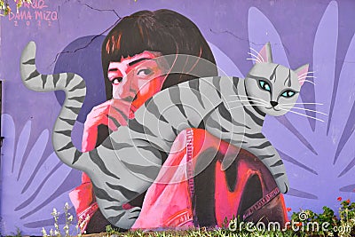 Cat and Woman Street art graffiti in Valparaiso Chile colorfull Editorial Stock Photo