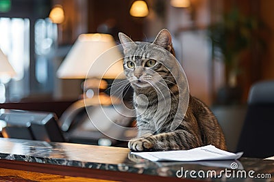 Cat Working as Receptionist, Reception Desk Cats, Friendly Hotel Cat Service, Cat Behind Hotel Counter Stock Photo