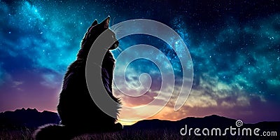 cat& x27;s silhouette against a backdrop of a starry night sky, highlighting the mysterious and nocturnal nature of cats Stock Photo