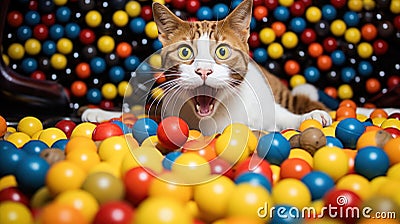 A cat yawns in a ball pit filled with colorful balls, AI Stock Photo