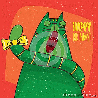 Cat yawns and inscription Happy Birthday Vector Illustration