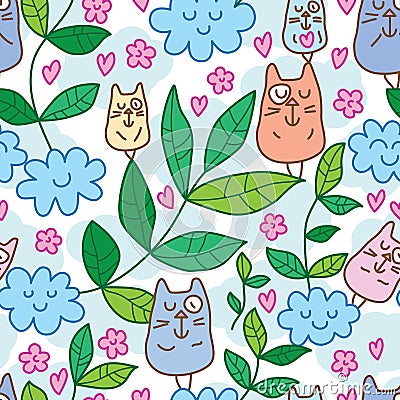 Cat zen leaf cloud no sleep seamless pattern Vector Illustration