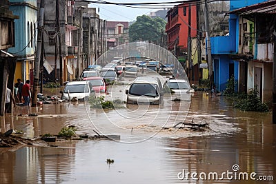 Cataclysmic Flooding In A City With A Lot Of Cars. Generative AI Stock Photo