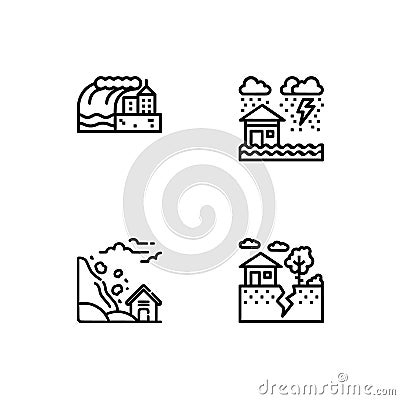 Cataclysms and natural disasters outline icons set EPS 10 vector format. Transparent background. Stock Photo