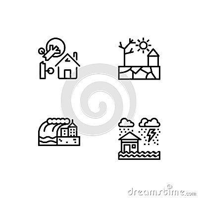 Cataclysms and natural disasters outline icons set EPS 10 vector format. Transparent background. Stock Photo