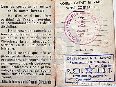 Catalan license of the Karl Marx division. Spanish civil war. Editorial Stock Photo