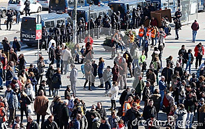 Catalan police mossos securing sants station in Barcelona outdoor Editorial Stock Photo