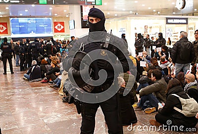 Catalan police mossos secure sants station during an independentist protest detail on officer Editorial Stock Photo