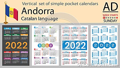 Catalan vertical pocket calendar for 2022. Week starts Sunday Vector Illustration