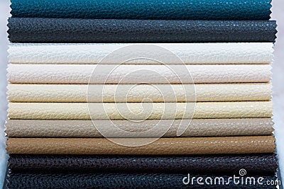 Catalog of multicolored imitation leather. Leatherette samples texture Stock Photo